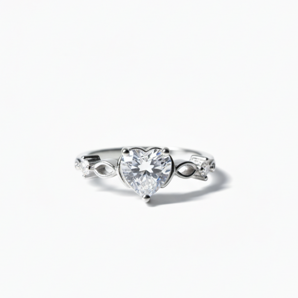 Silver Heart Shaped Diamond Ring: Anti-Tarnish Silver Plated