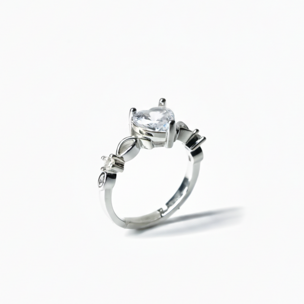 Silver Heart Shaped Diamond Ring: Anti-Tarnish Silver Plated