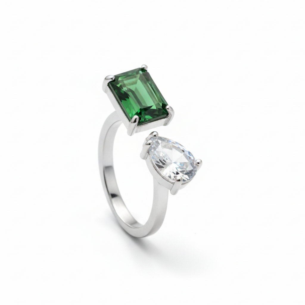 Silver Dual Stone Ring: Anti-Tarnish Silver Plated