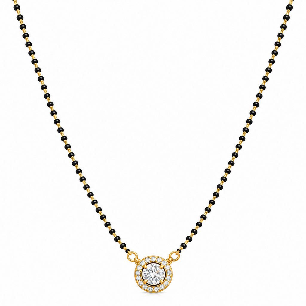 Taanvi Mangalsutra 18K gold plated zirconia diamond circular pendant black bead chain