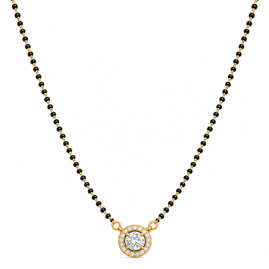 Taanvi Mangalsutra 18K gold plated zirconia diamond circular pendant black bead chain
