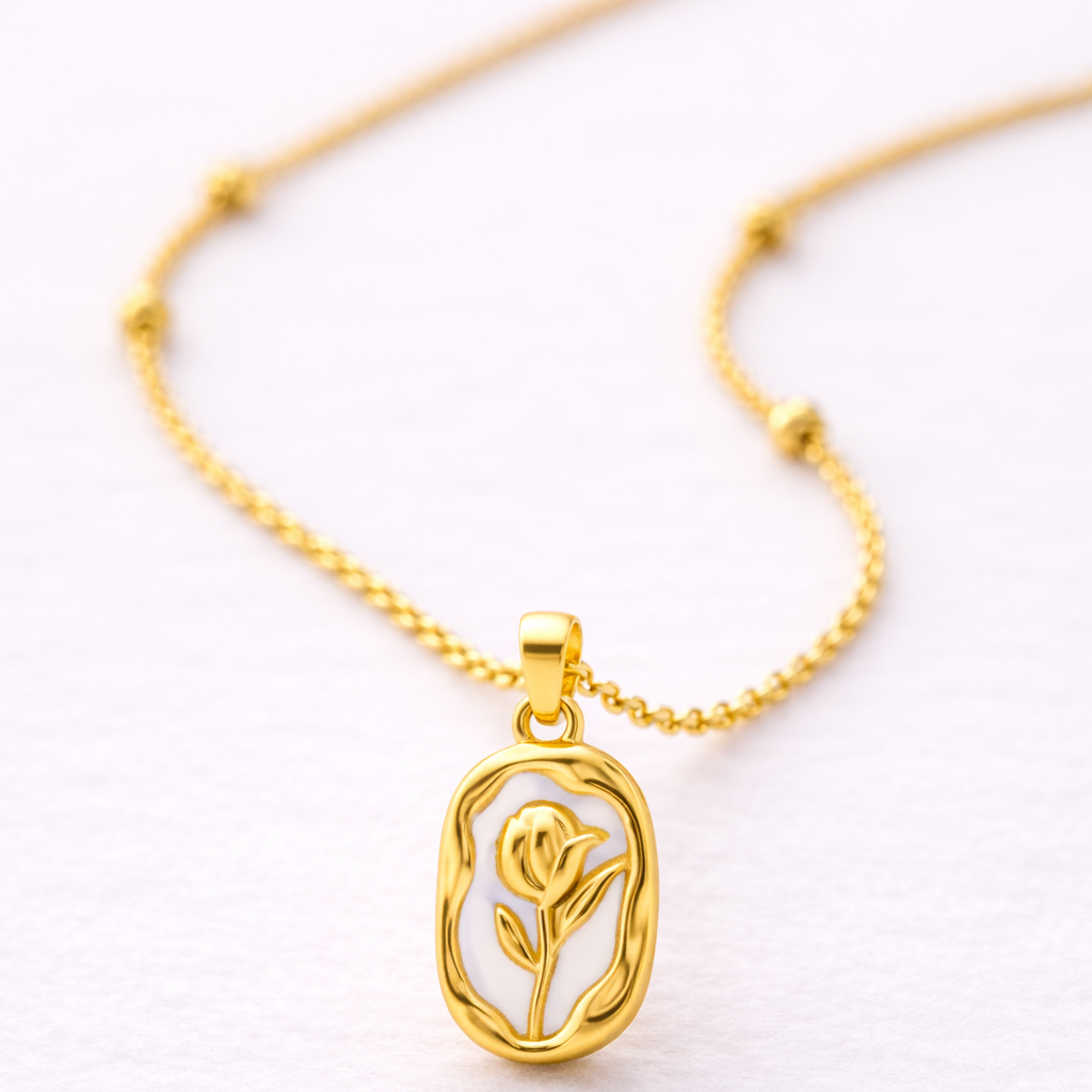 White Rose Pendant Necklace: Anti-tarnish gold plated.