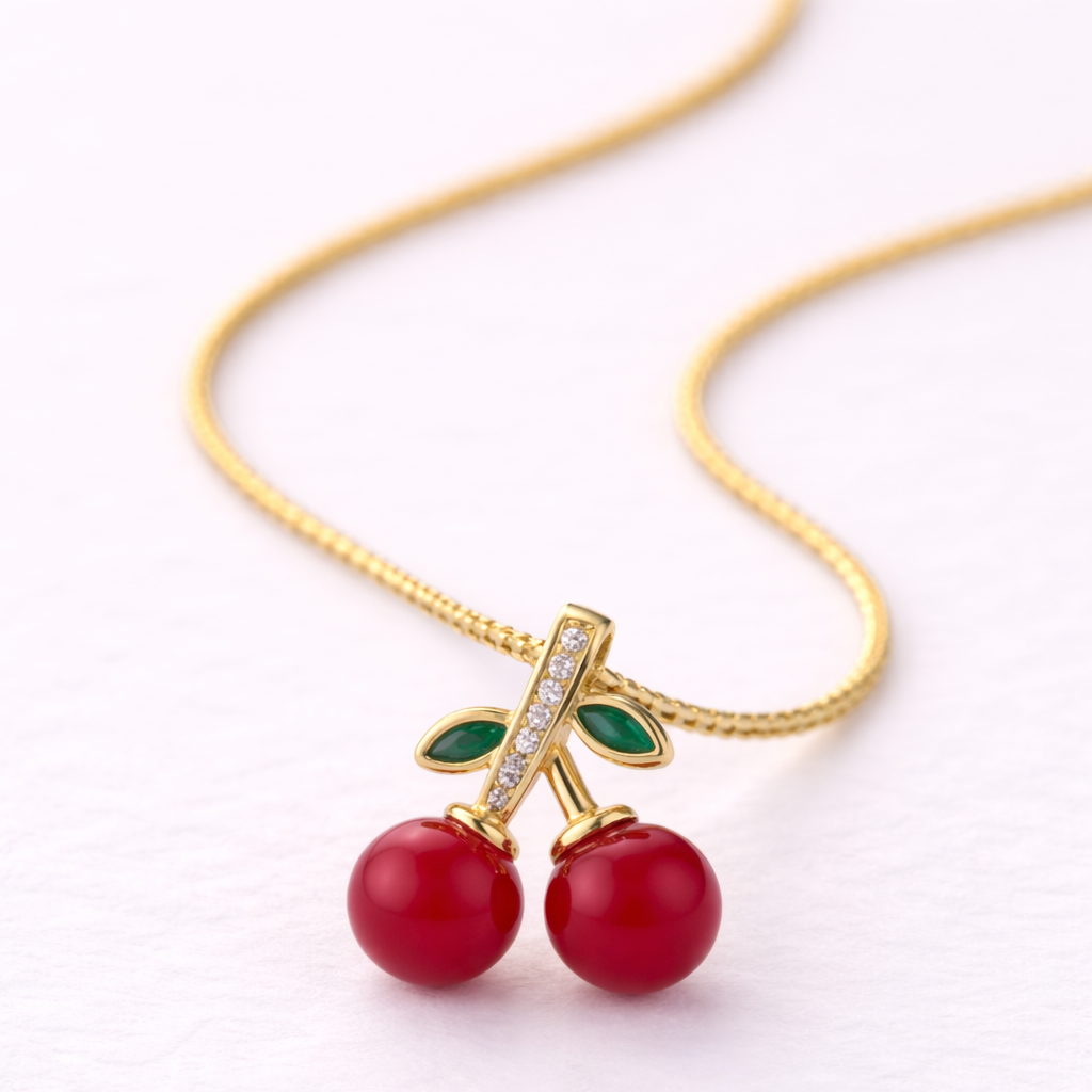 Red Cherry Pendant Necklace: Anti-tarnish gold plated.
