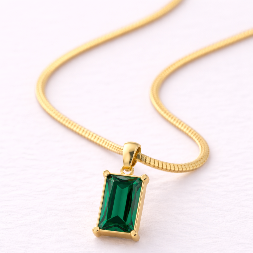 Green Emerald Pendant Necklace:  Anti-tarnish gold plated.