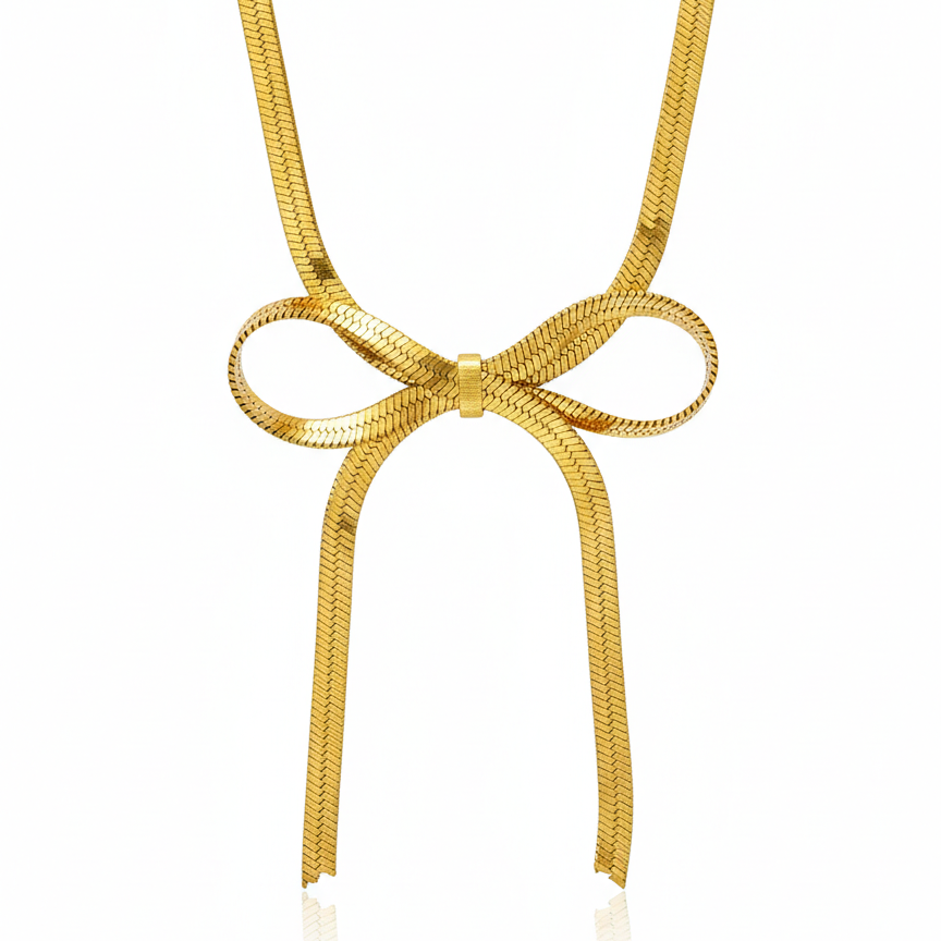 Golden Knotted Bow Necklace: Anti-tarnish gold plated.