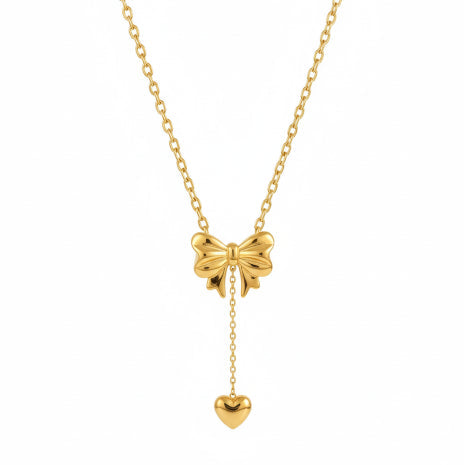 Golden bow heart drop necklace: Anti-tarnish gold plated.