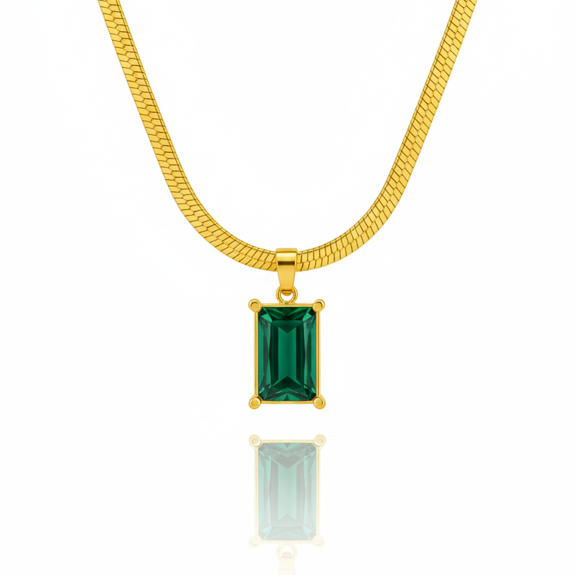 Green Emerald Pendant Necklace:  Anti-tarnish gold plated.
