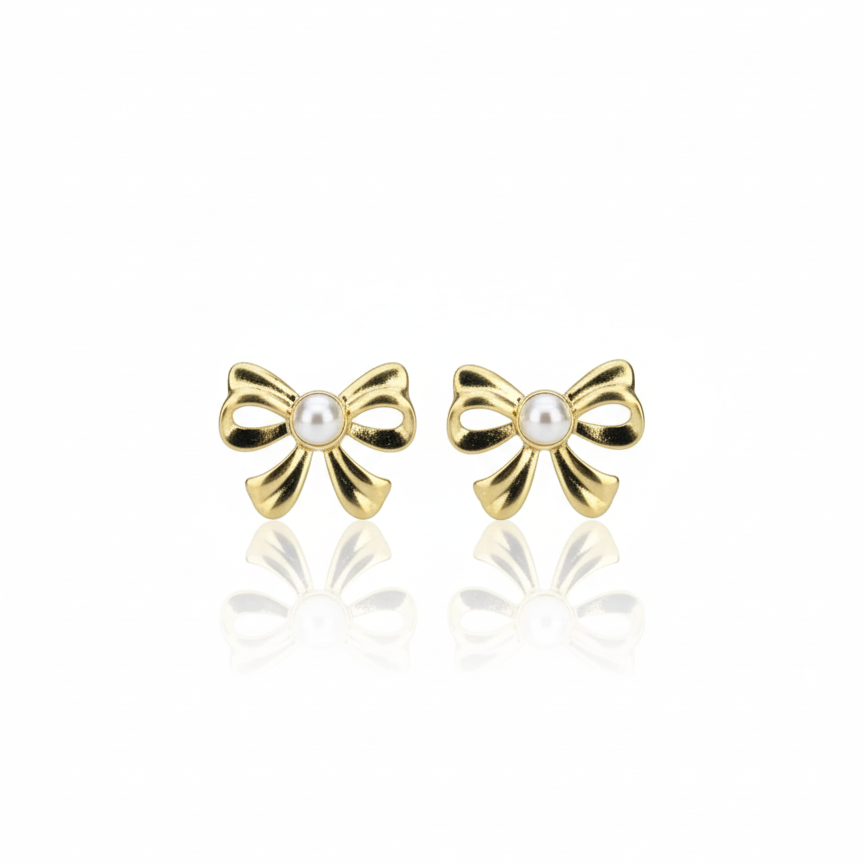 Pearled Bow Earrings:  Anti-Tarnish Gold Plated