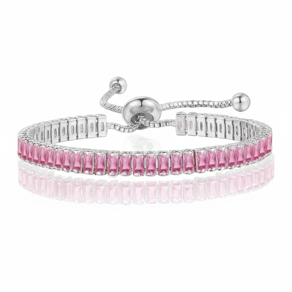 Pink American Diamond Tennis Bracelet: Anti-Tarnish Silver Plated