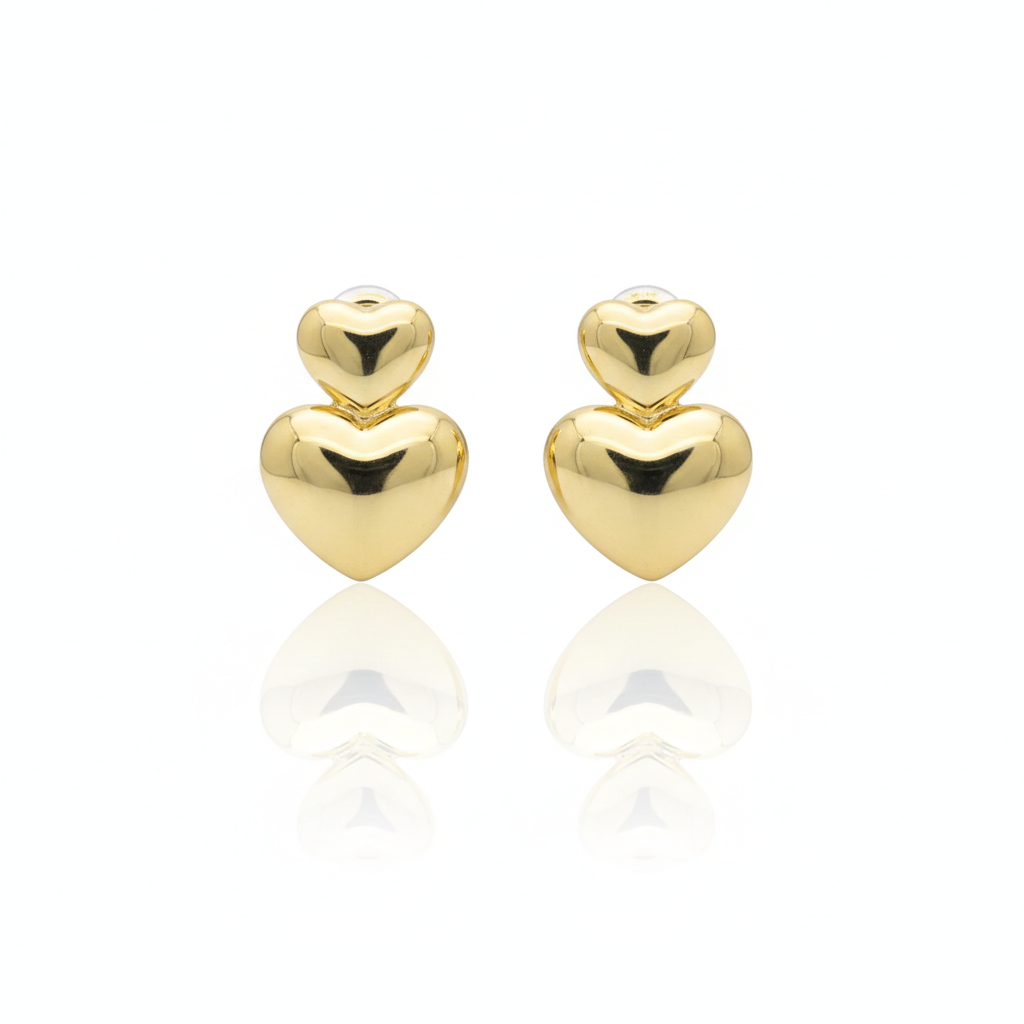 Dual Heart Earrings:  Anti-Tarnish Gold Plated