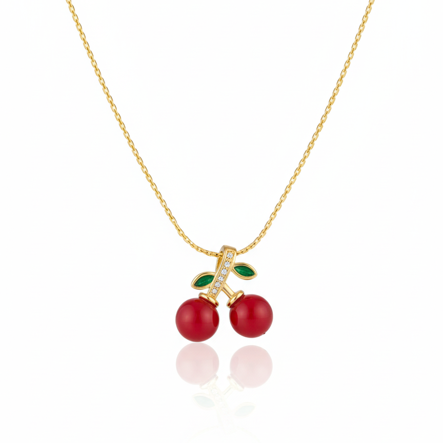 Red Cherry Pendant Necklace: Anti-tarnish gold plated.