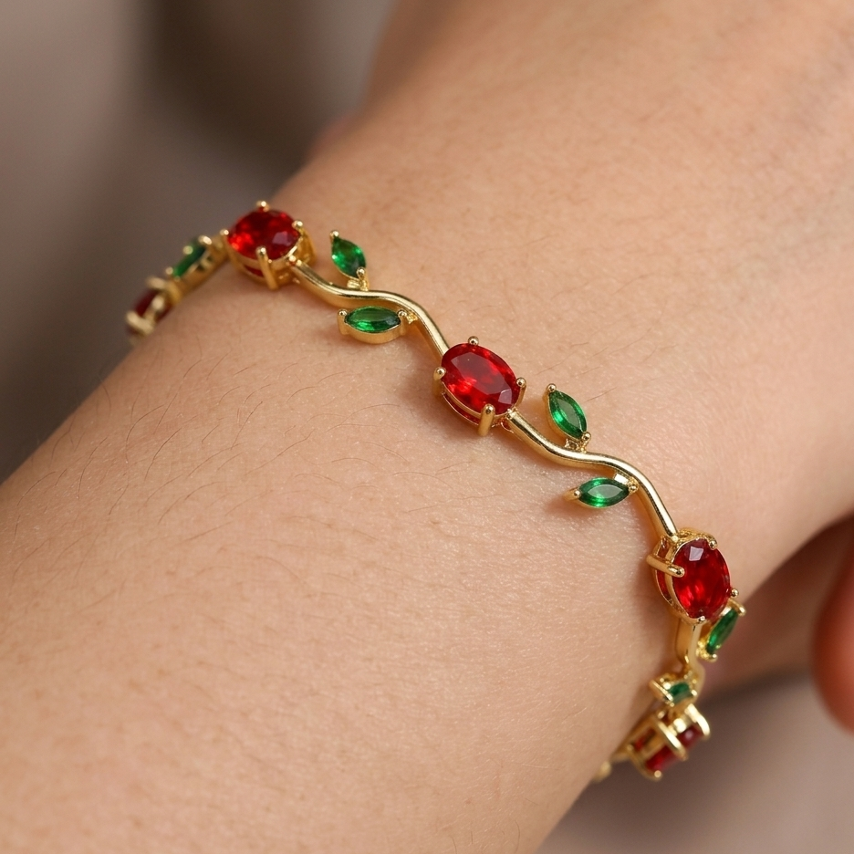 Red Tulip Floral Bracelet: 18k Gold plated