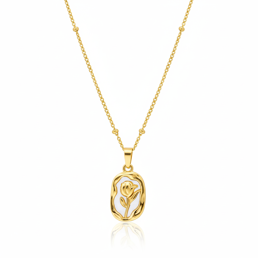 White Rose Pendant Necklace: Anti-tarnish gold plated.