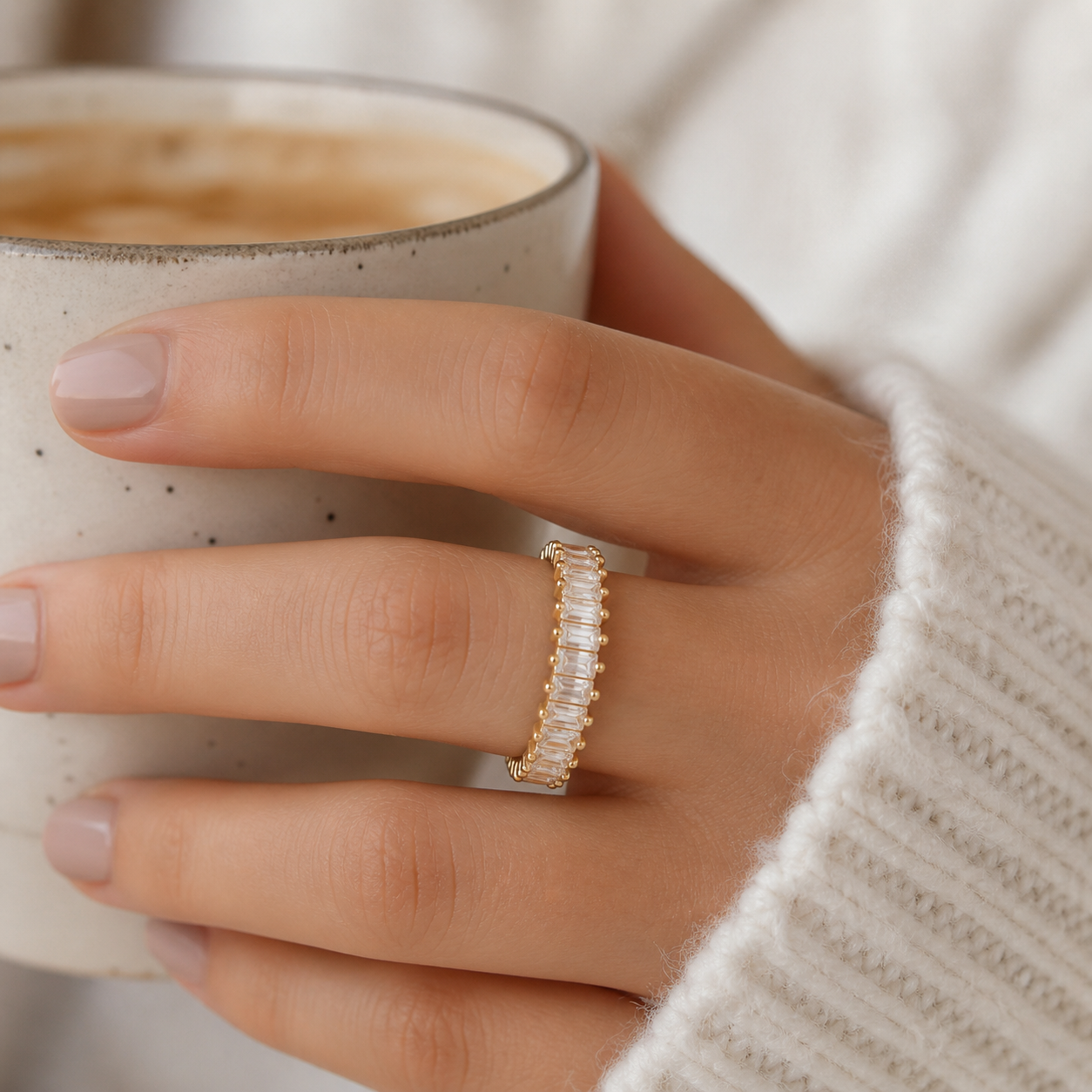 White Diamond Golden Band Ring: Anti-Tarnish Gold Plated