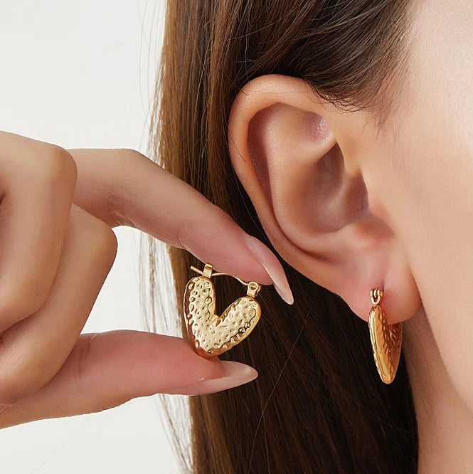Textured Heart Hoops: Anti-Tarnish Gold Plated