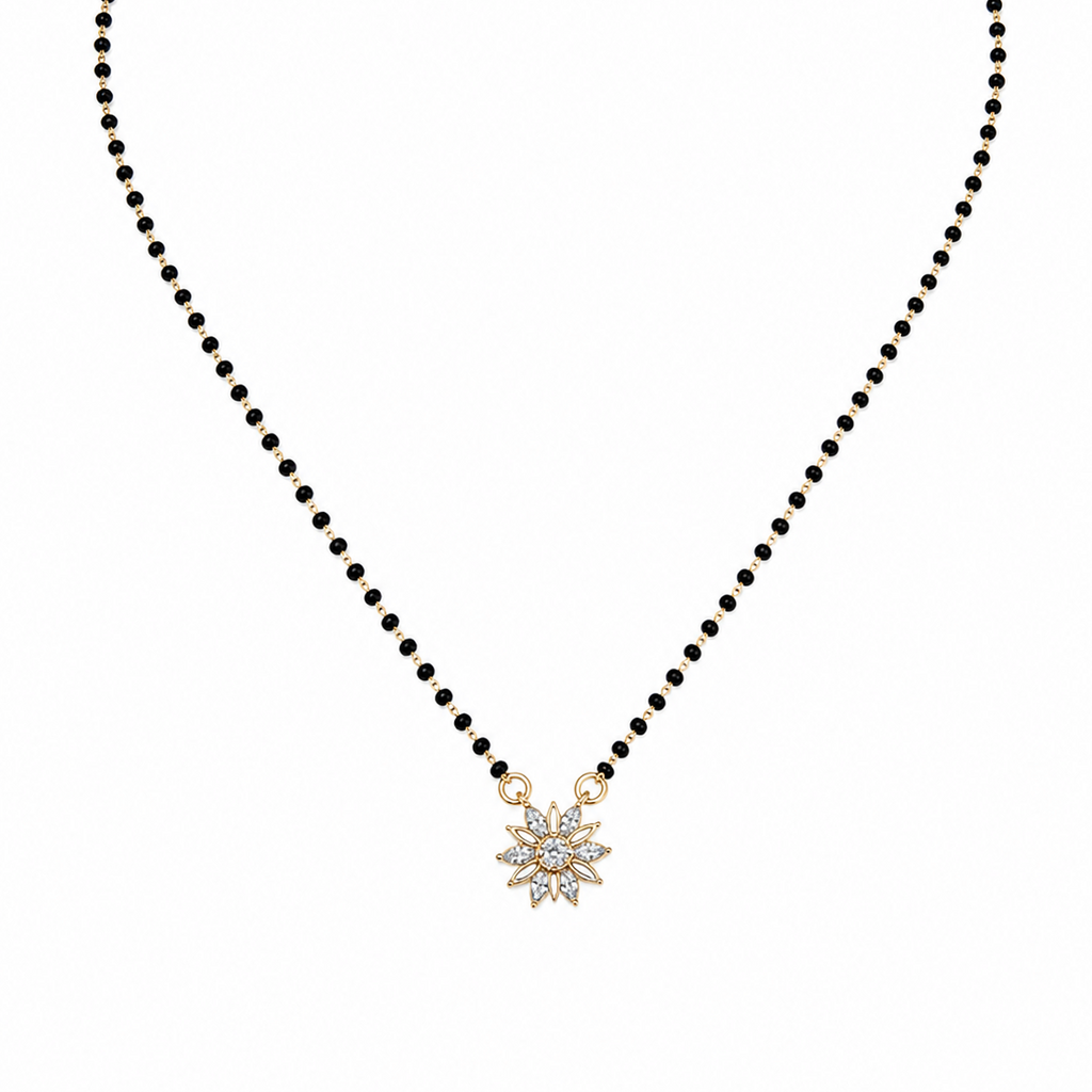Tejasvi mangalsutra with gold chain, black beads and circular diamond pendant