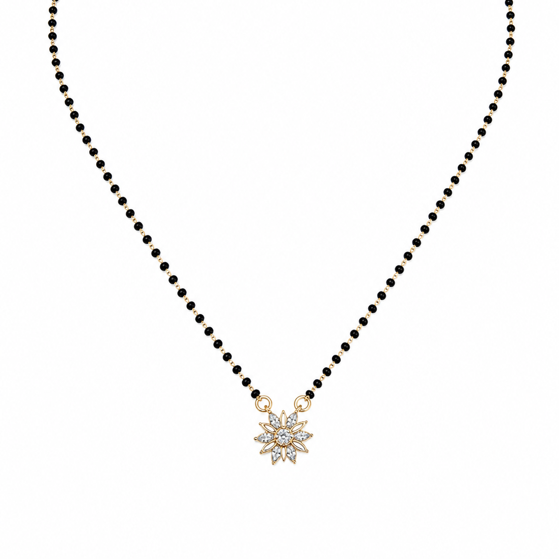 Tejasvi mangalsutra with gold chain, black beads and circular diamond pendant
