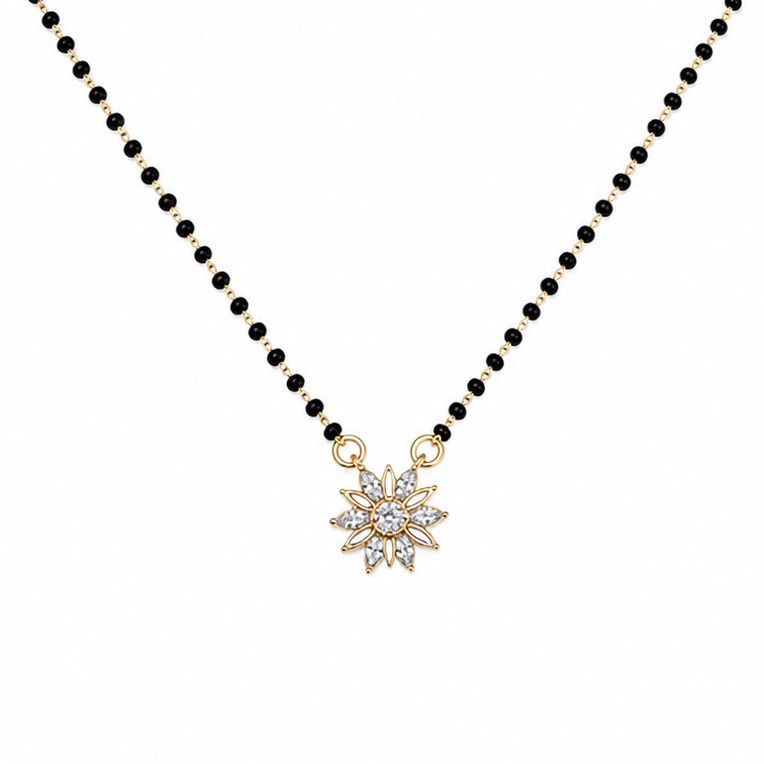Tejasvi mangalsutra with gold chain, black beads and circular diamond pendant