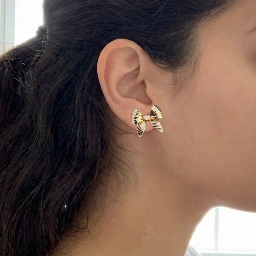 Striped Bow Earrings: Anti-Tarnish Gold Plated