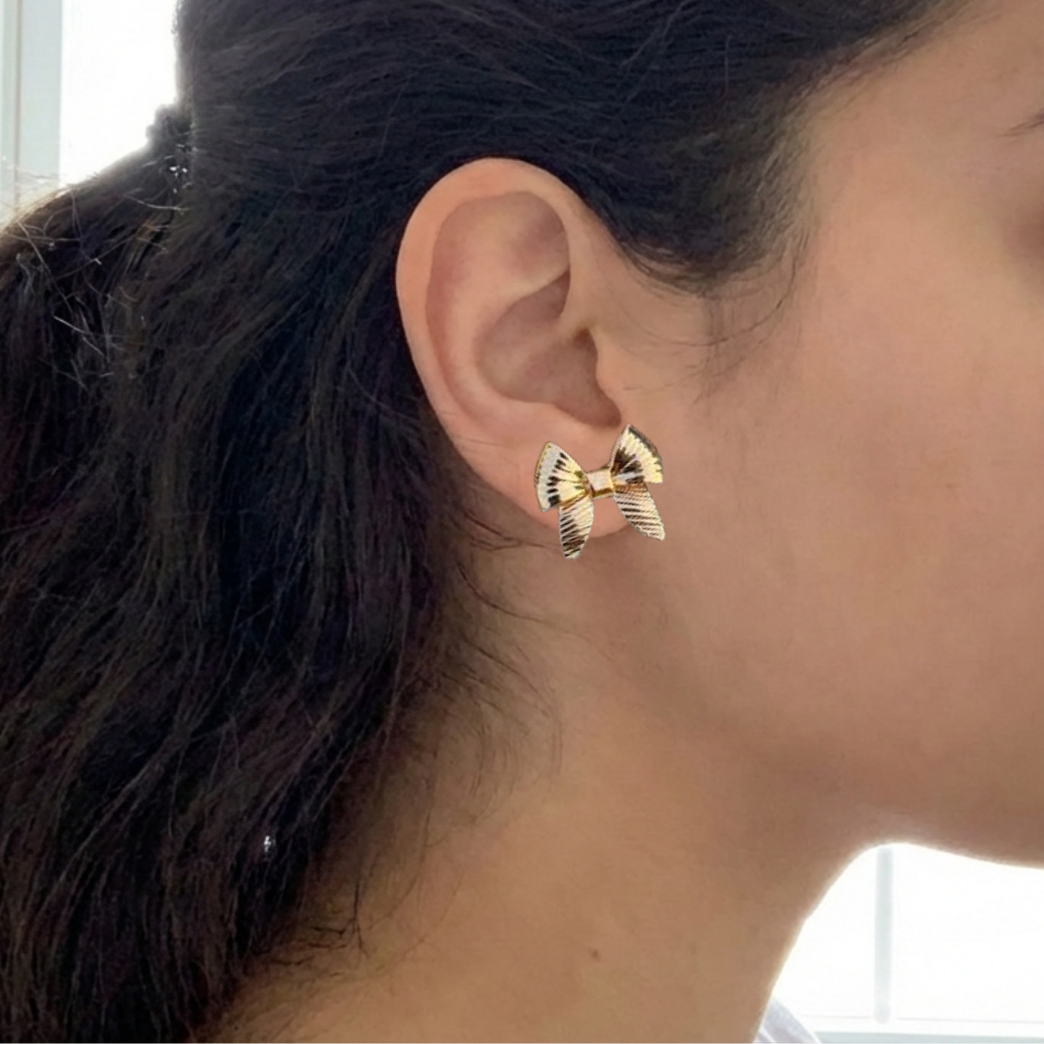 Striped Bow Earrings: Anti-Tarnish Gold Plated